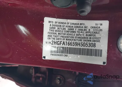2009 Honda Civic Lx-S from USA, damaged, VIN 2HGFA16659H505308